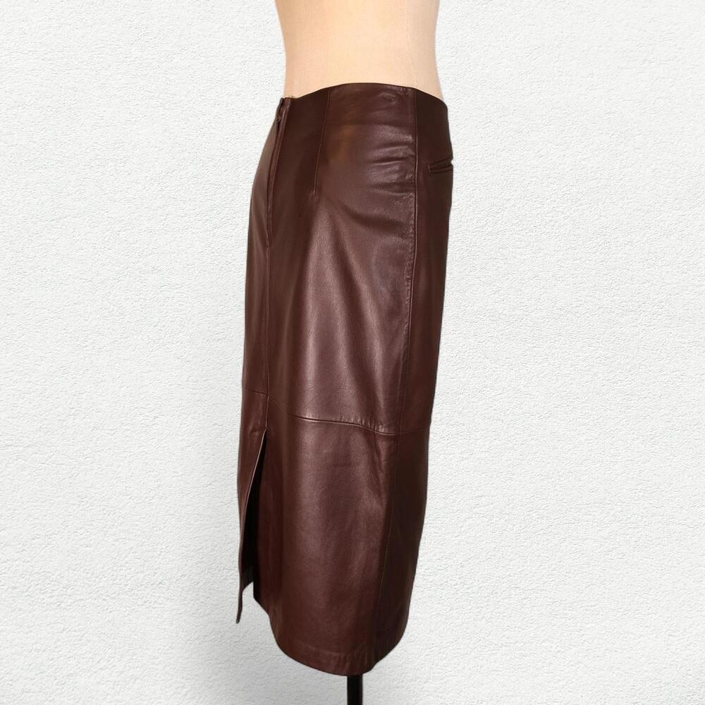 Rouje Paris Fiona Leather Pencil Midi Skirt in Chocolate Brown Burgundy - Picture 5 of 9